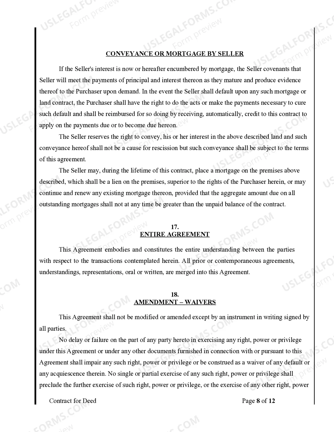 Preview Agreement or Contract for Deed for Sale and Purchase of Real Estate a/k/a Land or Executory Contract