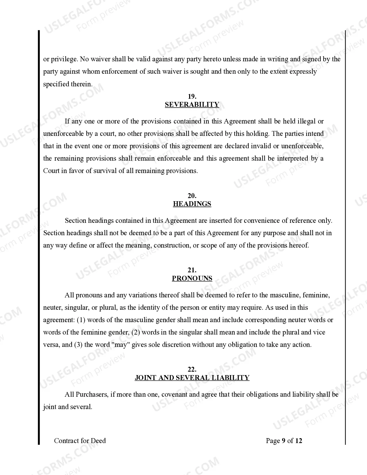 Preview Agreement or Contract for Deed for Sale and Purchase of Real Estate a/k/a Land or Executory Contract