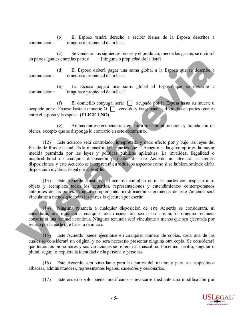 Preview Acuerdo prematrimonial prenupcial de Rhode Island sin estados financieros