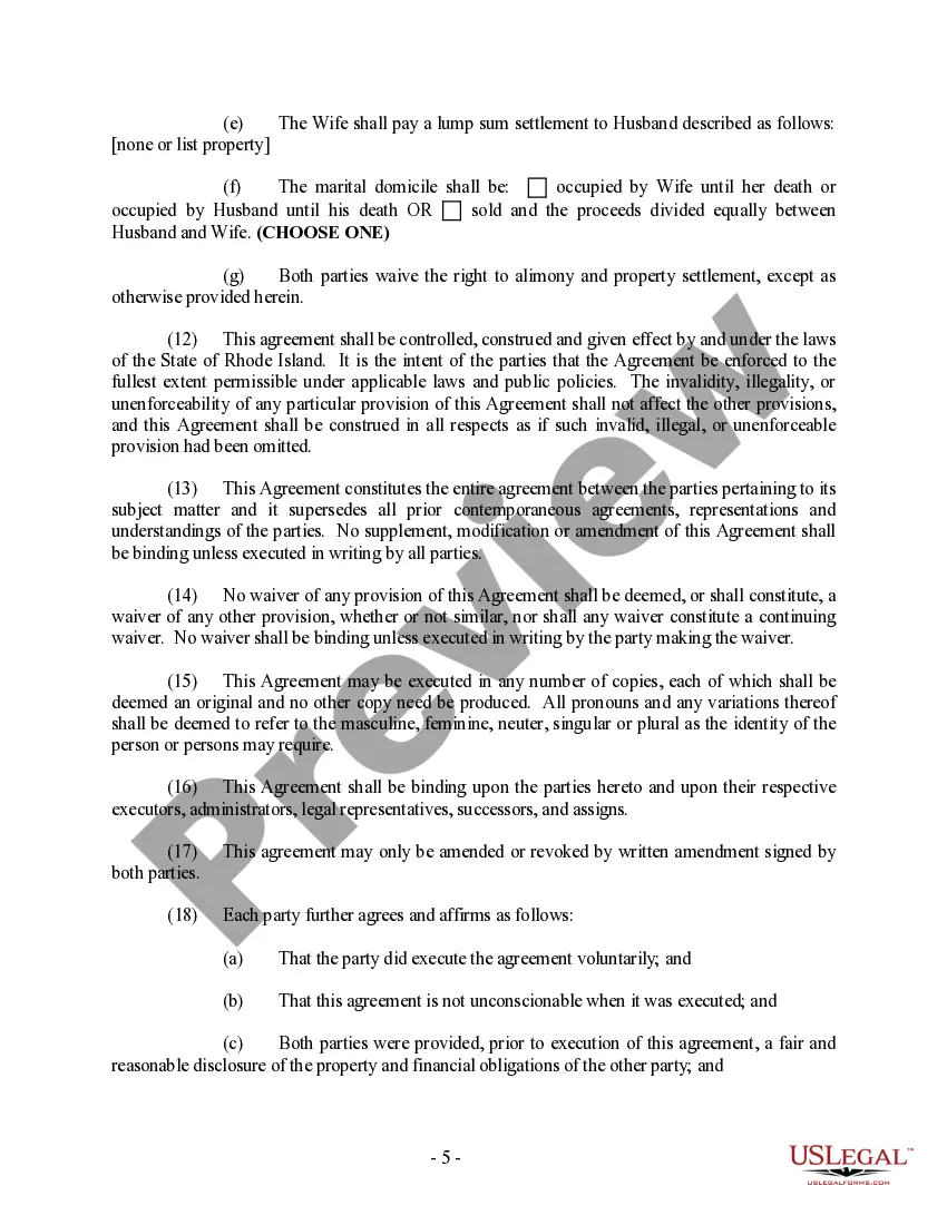 Preview Rhode Island Prenuptial Premarital Agreement without Financial Statements