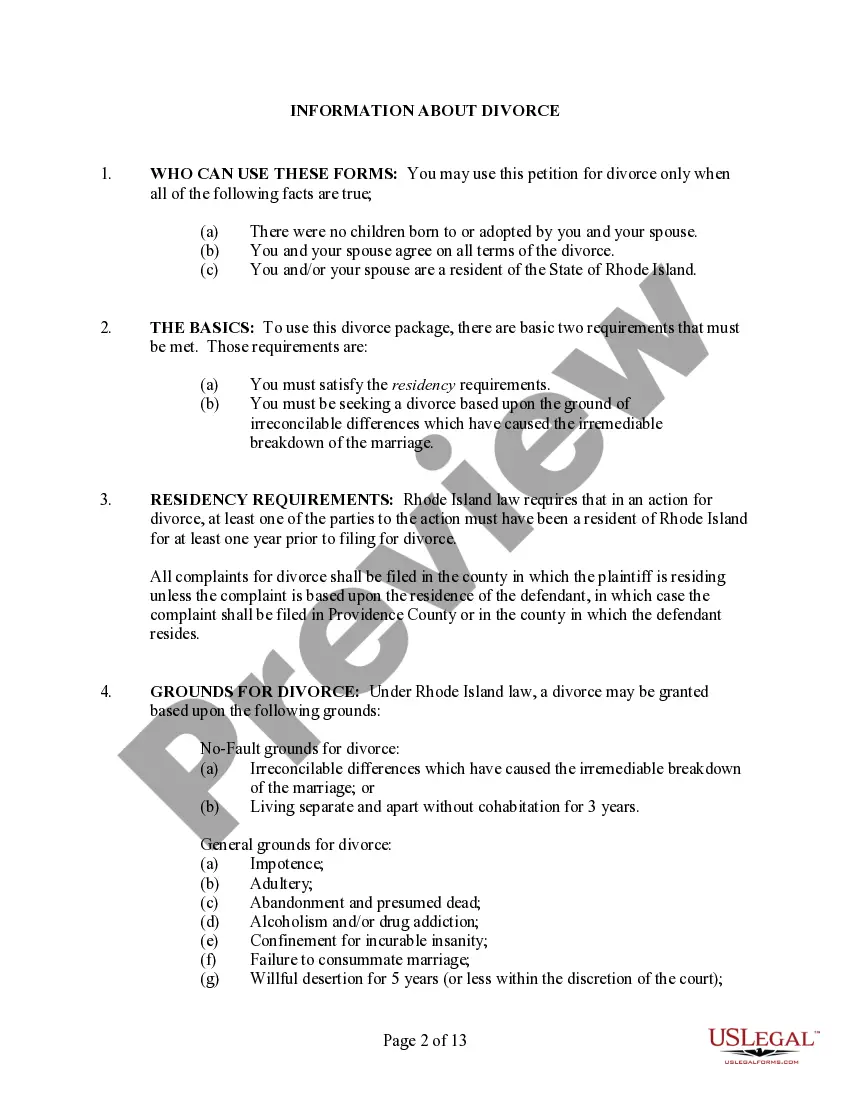 Preview Rhode Island No-Fault Agreed Uncontested Divorce Package for Dissolution of Marriage for Persons with No Children with or without Property and Debts