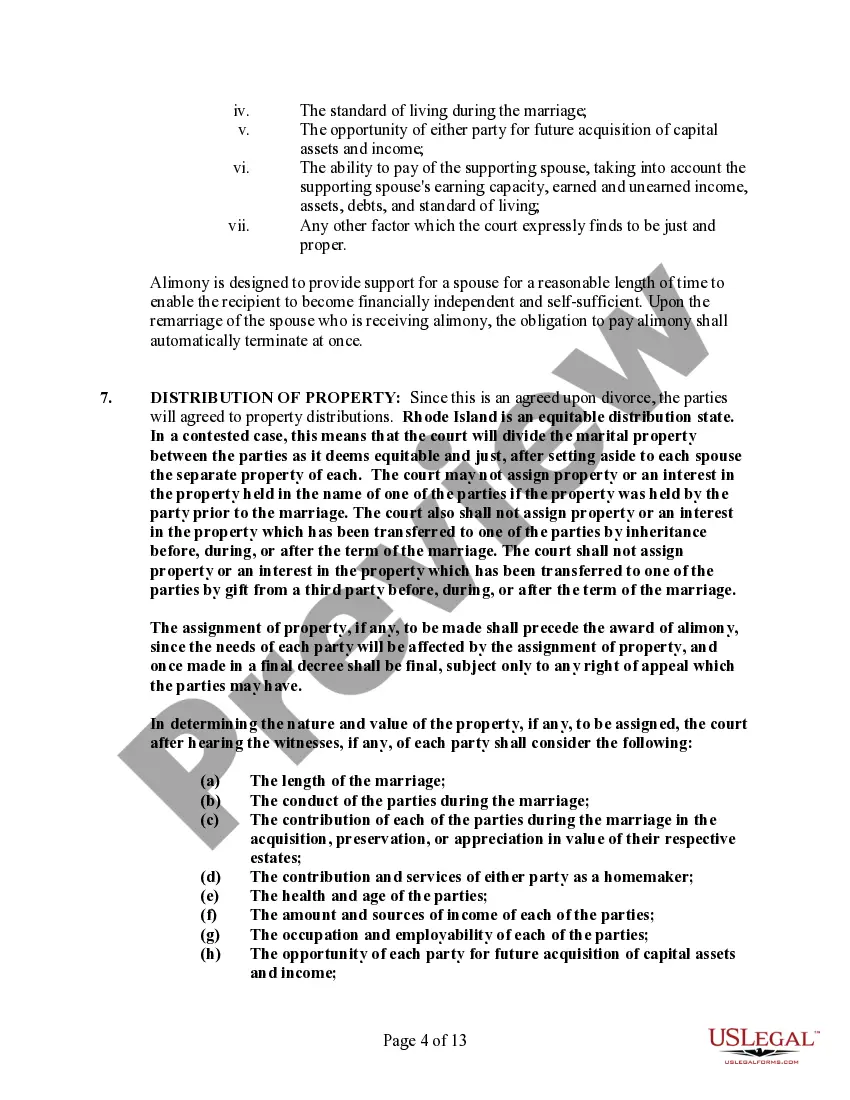 Preview Rhode Island No-Fault Agreed Uncontested Divorce Package for Dissolution of Marriage for Persons with No Children with or without Property and Debts