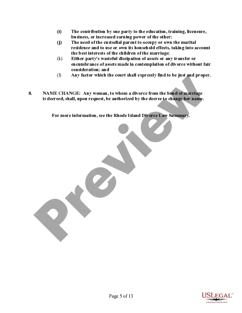 Preview Rhode Island No-Fault Agreed Uncontested Divorce Package for Dissolution of Marriage for Persons with No Children with or without Property and Debts