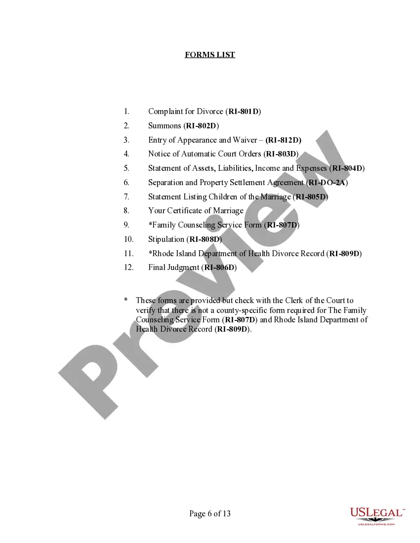 Preview Rhode Island No-Fault Agreed Uncontested Divorce Package for Dissolution of Marriage for Persons with No Children with or without Property and Debts