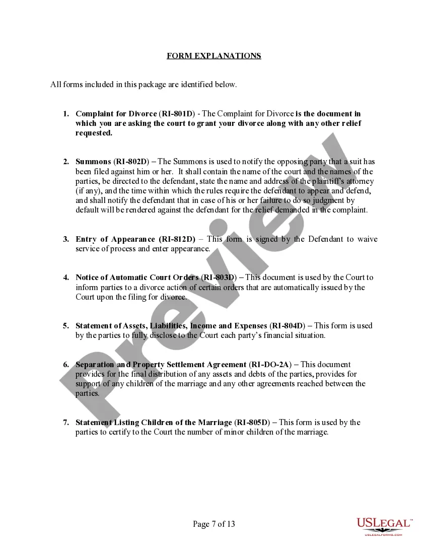 Preview Rhode Island No-Fault Agreed Uncontested Divorce Package for Dissolution of Marriage for Persons with No Children with or without Property and Debts