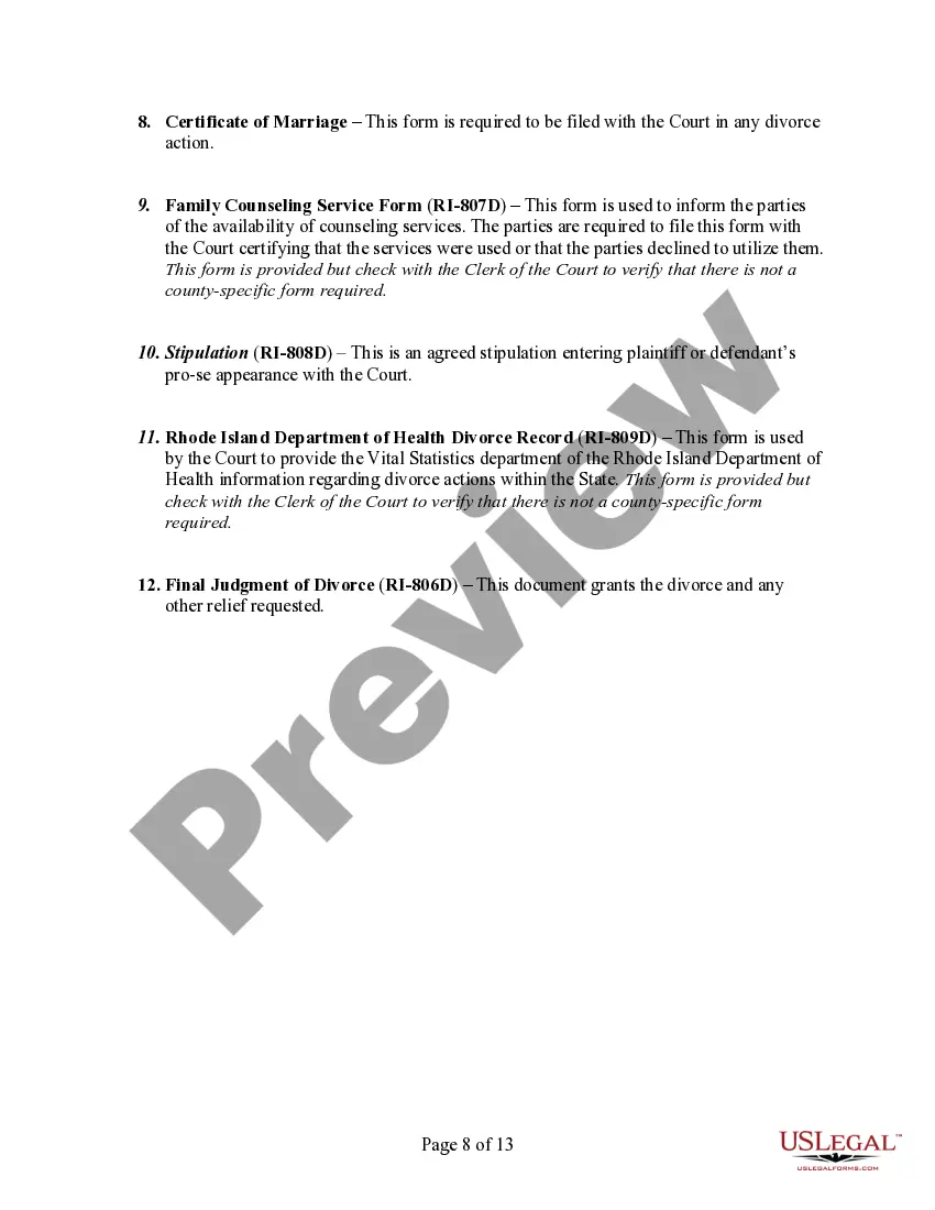 Preview Rhode Island No-Fault Agreed Uncontested Divorce Package for Dissolution of Marriage for Persons with No Children with or without Property and Debts