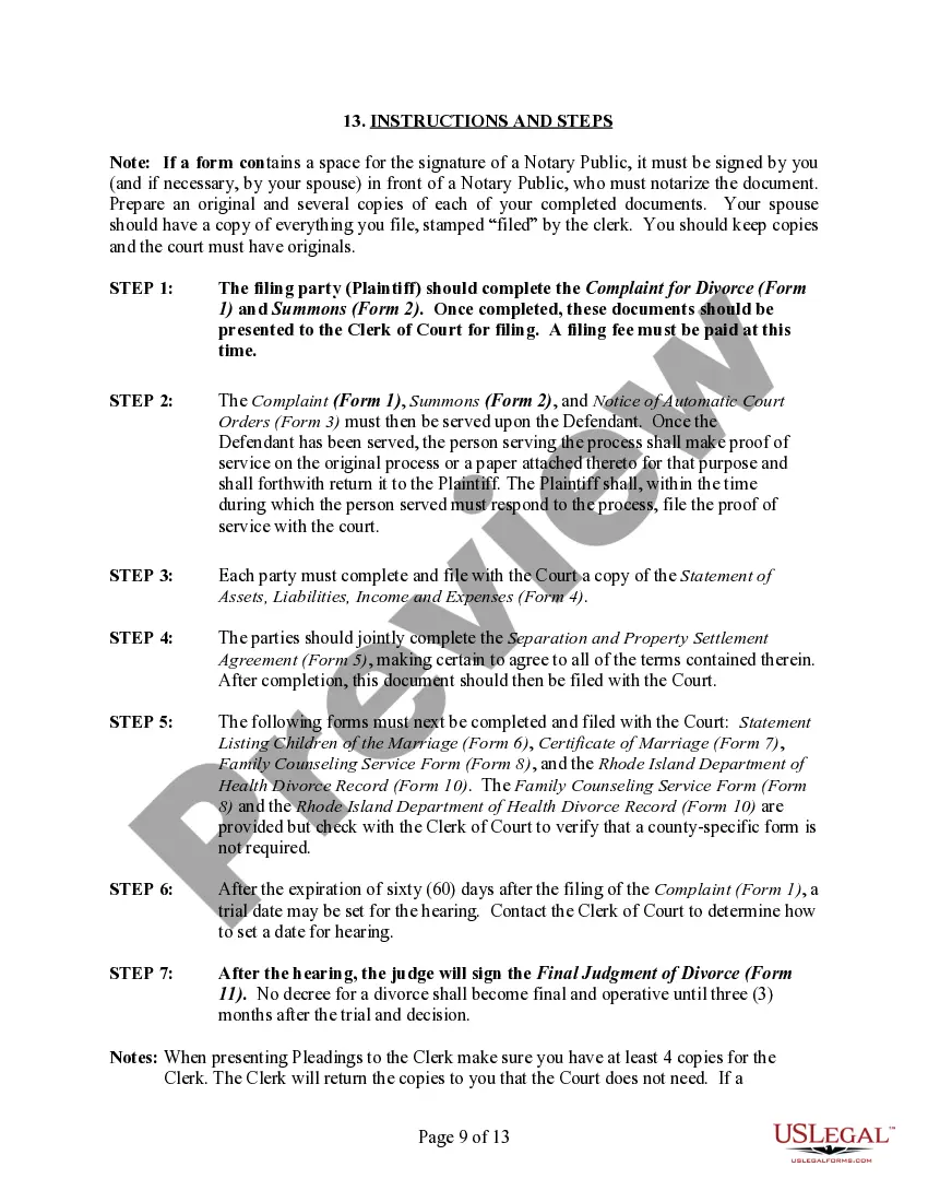 Preview Rhode Island No-Fault Agreed Uncontested Divorce Package for Dissolution of Marriage for Persons with No Children with or without Property and Debts