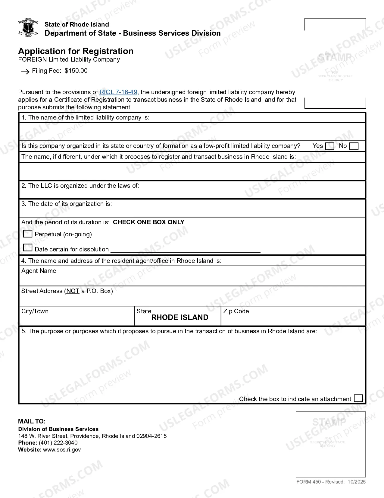 Preview Rhode Island Registration of Foreign Corporation or LLC