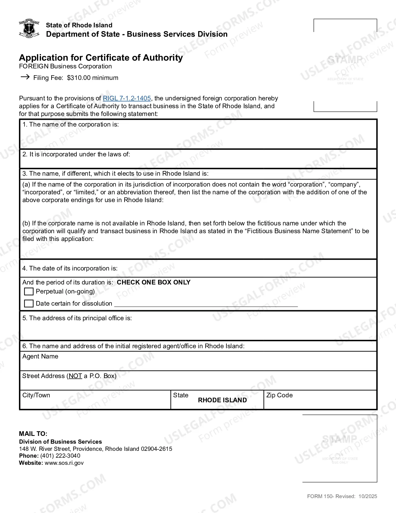 Preview Rhode Island Registration of Foreign Corporation or LLC