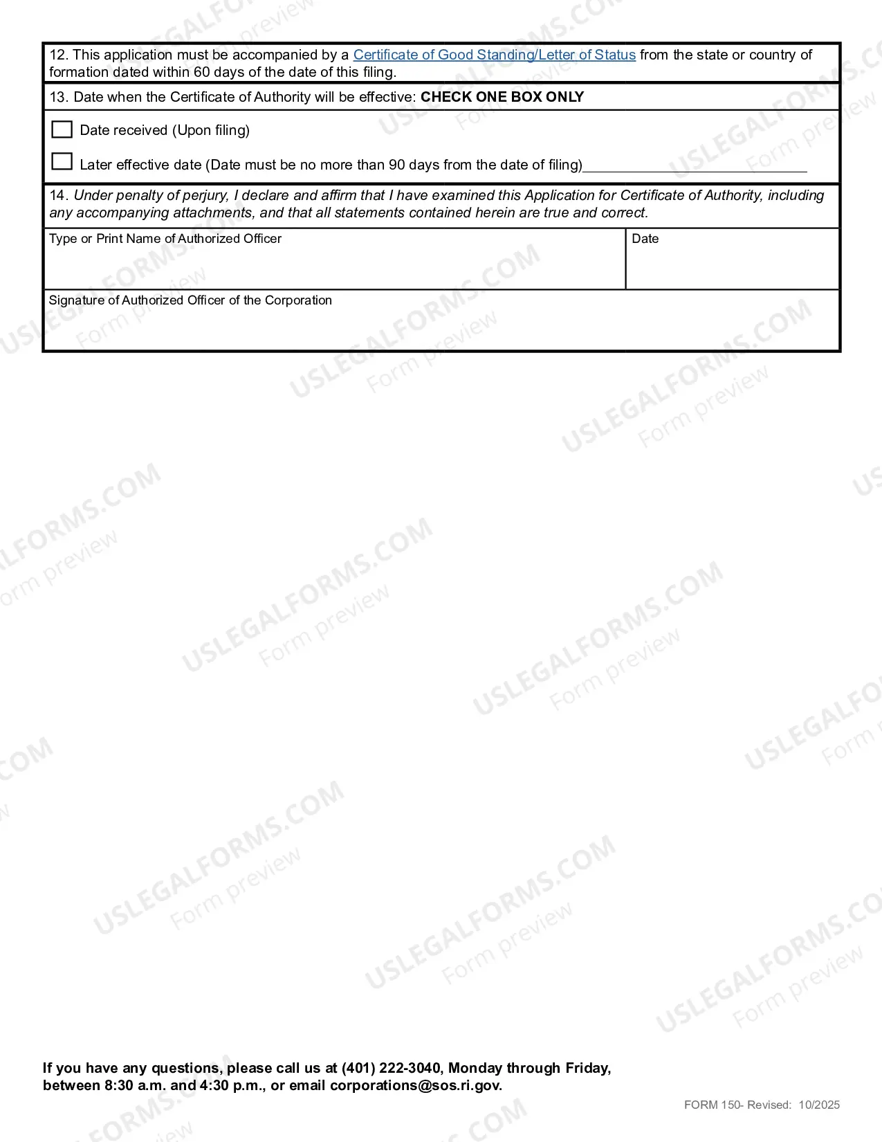 Preview Rhode Island Registration of Foreign Corporation or LLC