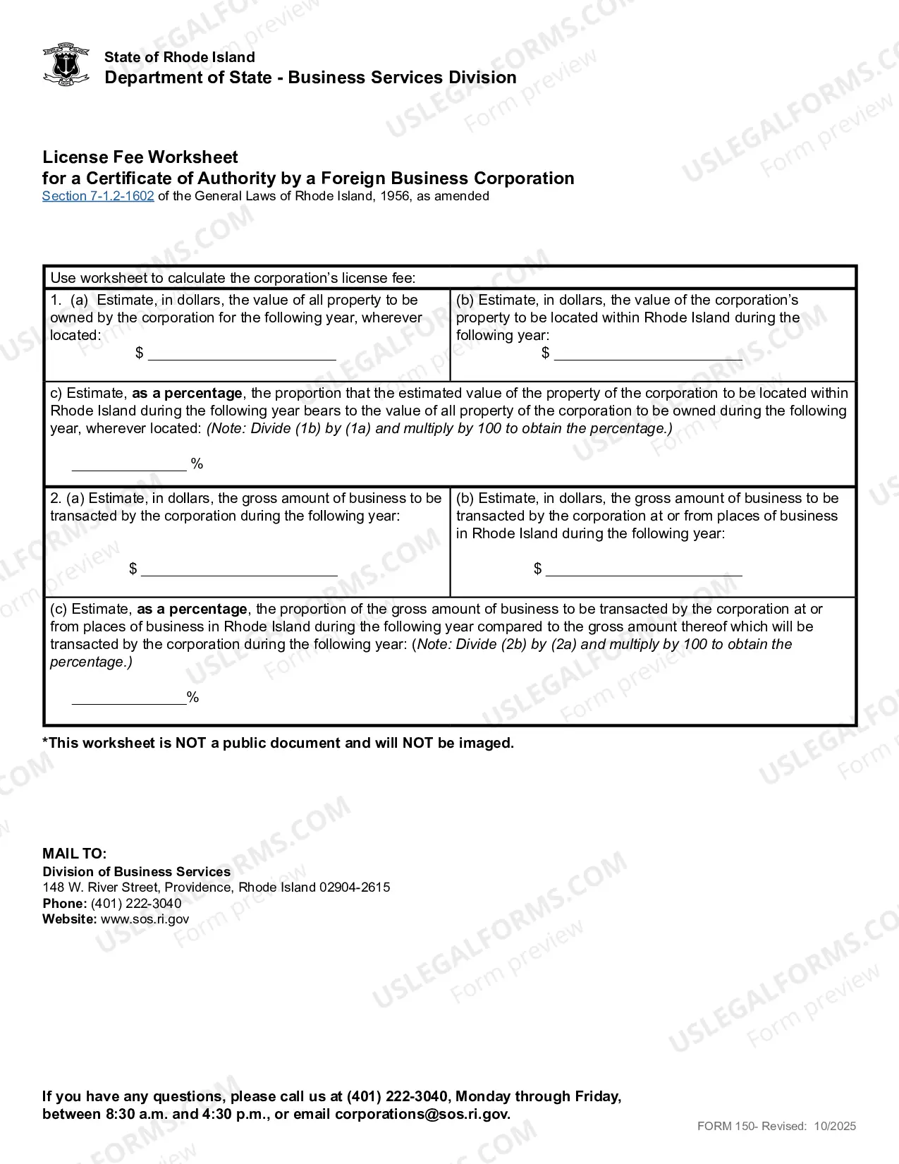 Preview Rhode Island Registration of Foreign Corporation or LLC