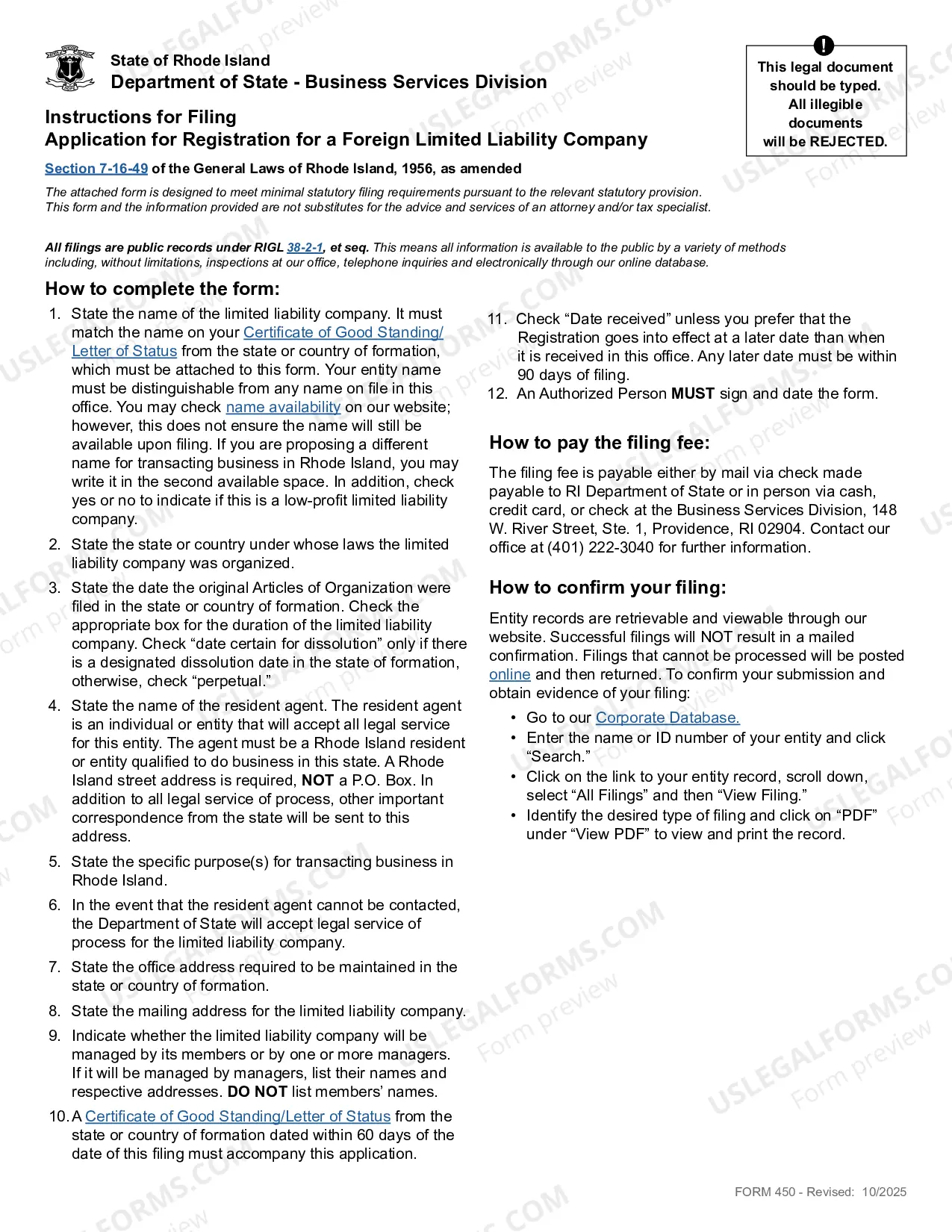 Preview Rhode Island Registration of Foreign Corporation or LLC