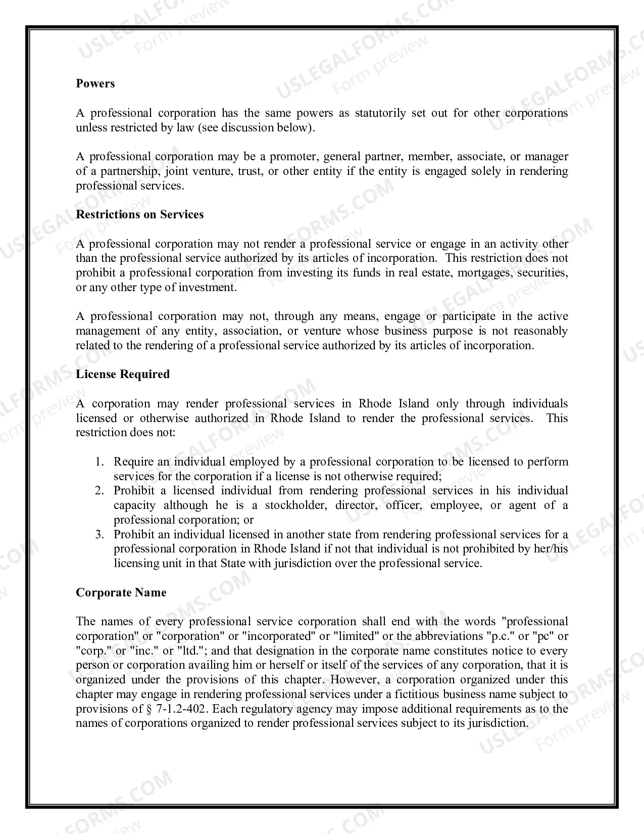 Preview Professional Corporation Package for Rhode Island