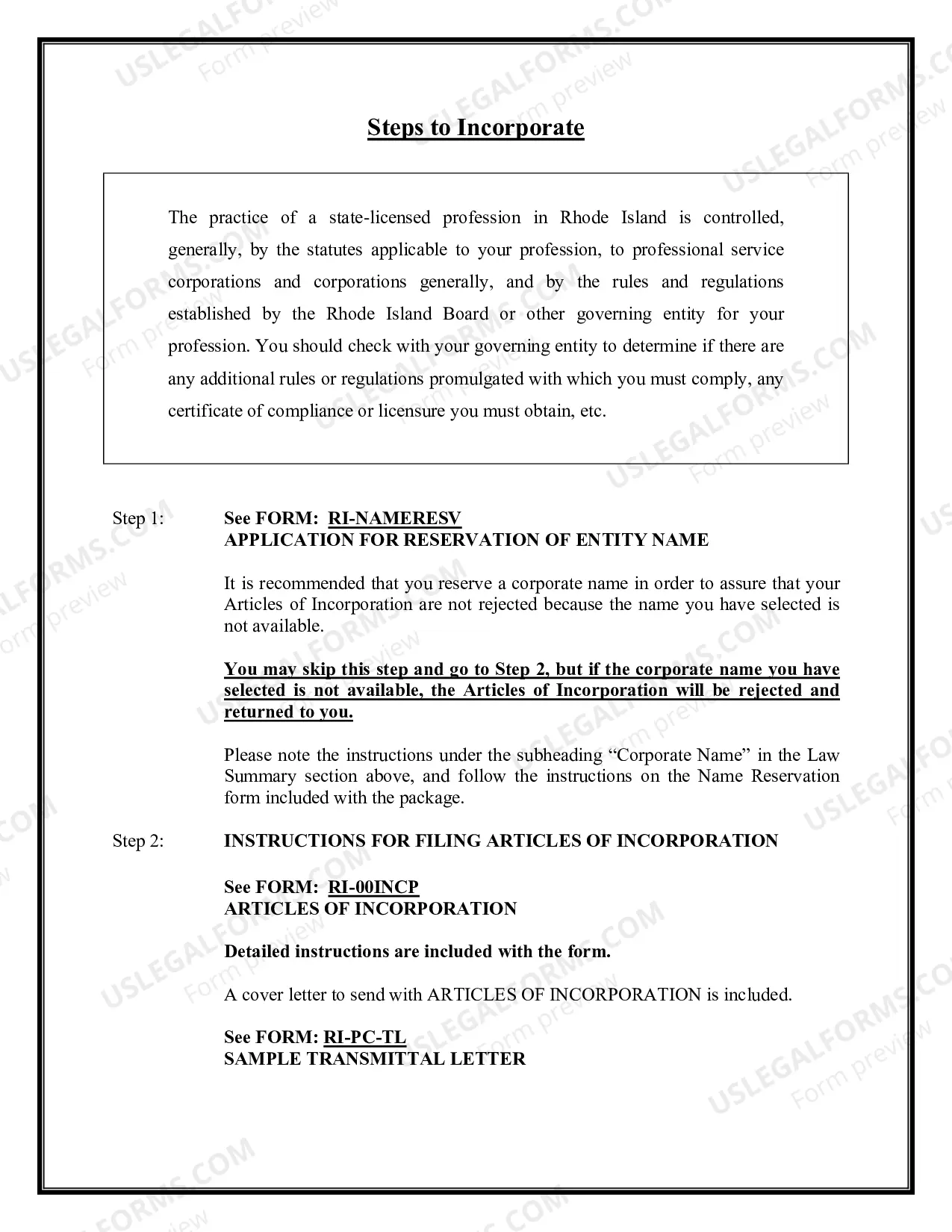 Preview Professional Corporation Package for Rhode Island