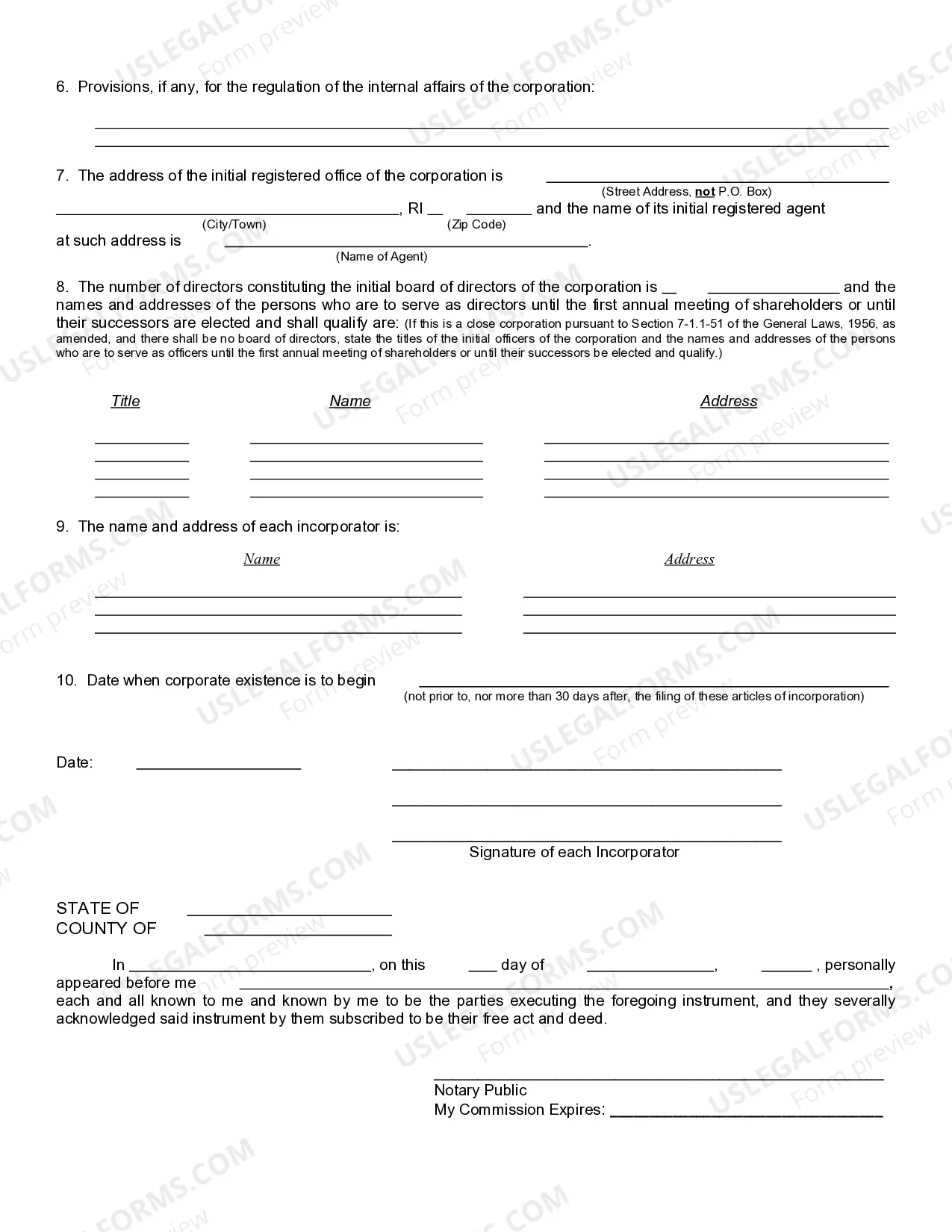 Preview Rhode Island Articles of Incorporation for Domestic For-Profit Corporation