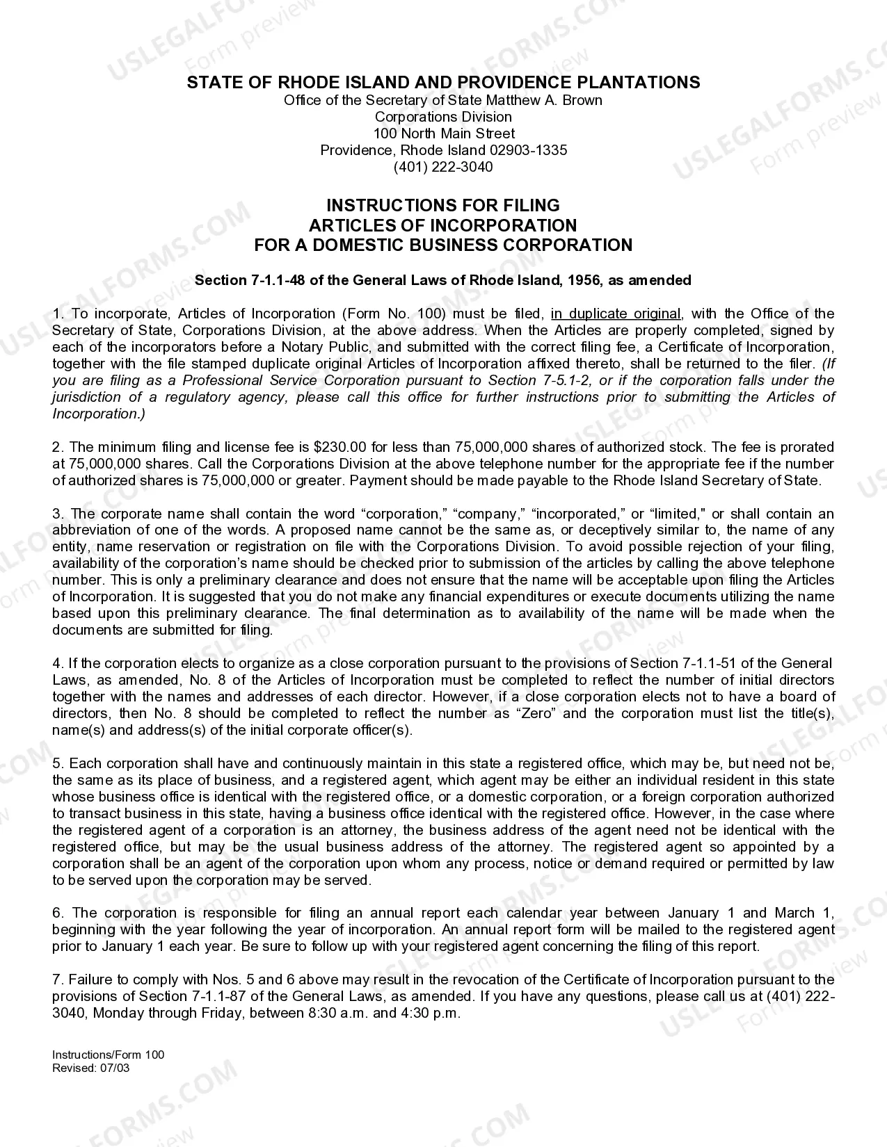 Preview Rhode Island Articles of Incorporation for Domestic For-Profit Corporation