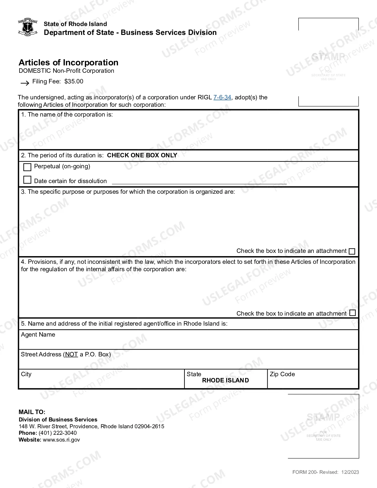Preview Rhode Island Articles of Incorporation for Domestic Nonprofit Corporation