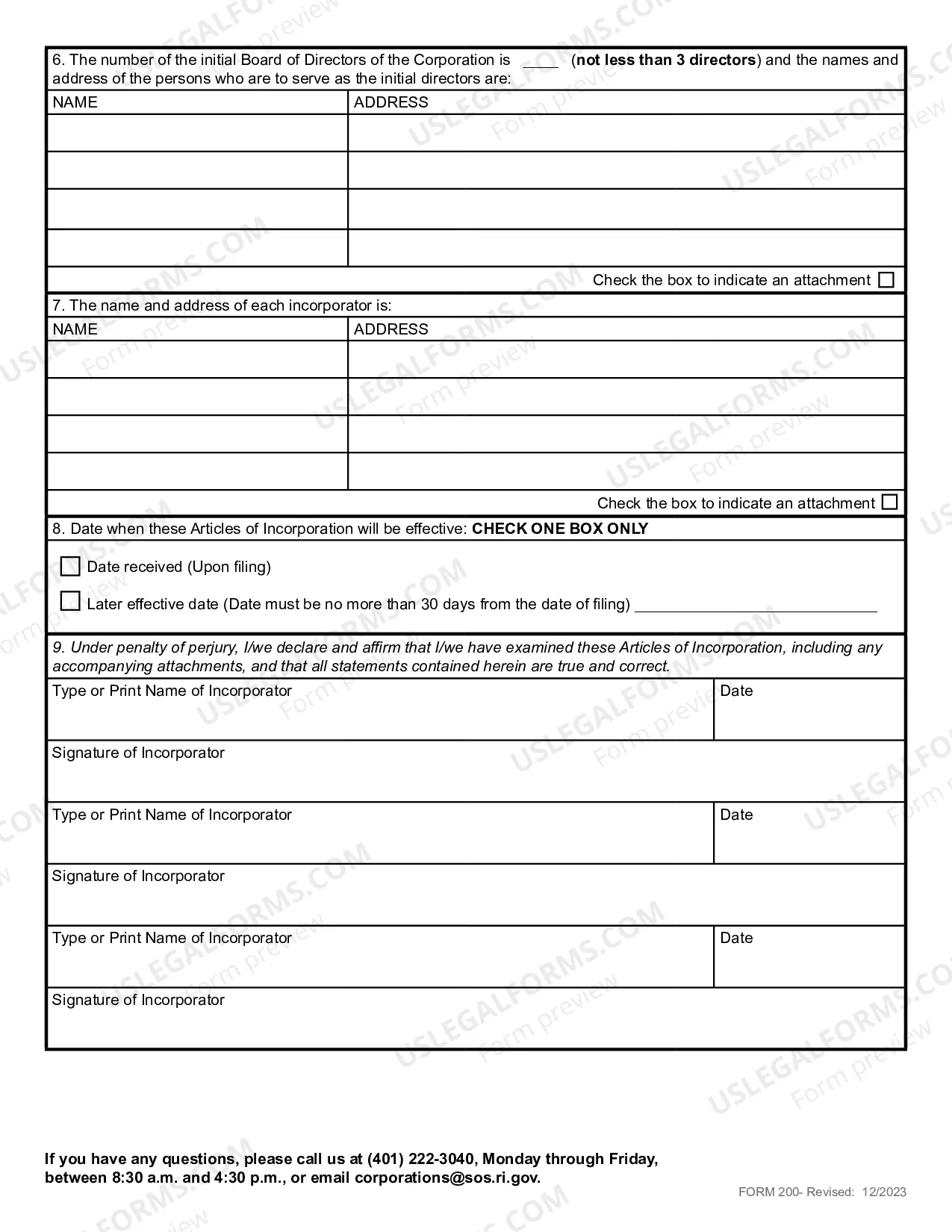 Preview Rhode Island Articles of Incorporation for Domestic Nonprofit Corporation