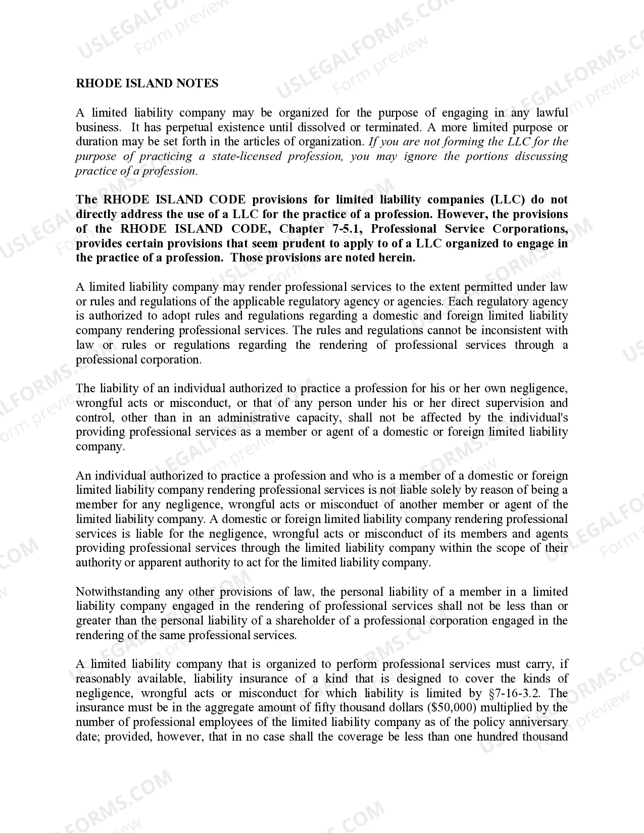 Preview Rhode Island Limited Liability Company LLC Formation Package