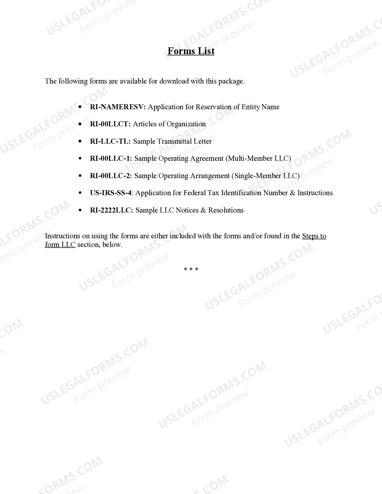 Preview Rhode Island Limited Liability Company LLC Formation Package