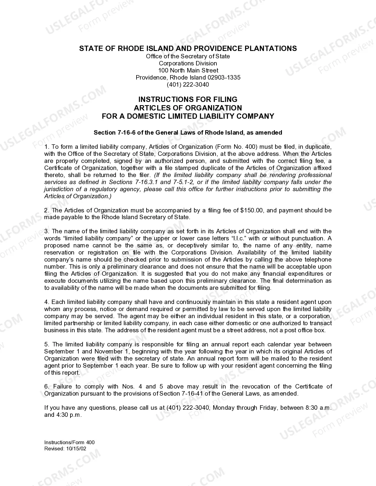 Preview Rhode Island Articles of Organization for Domestic Limited Liability Company LLC