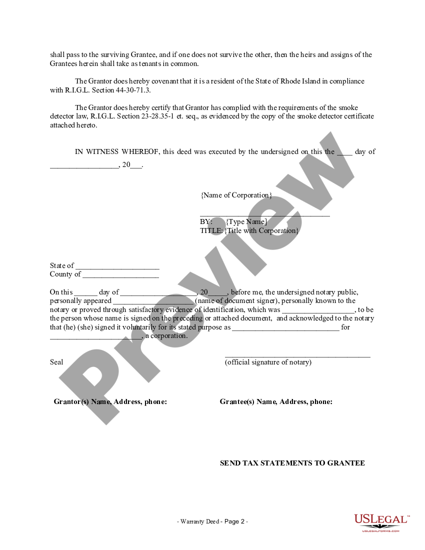 Rhode Island Warranty Deed from Corporation to Husband and Wife - Rhode ...