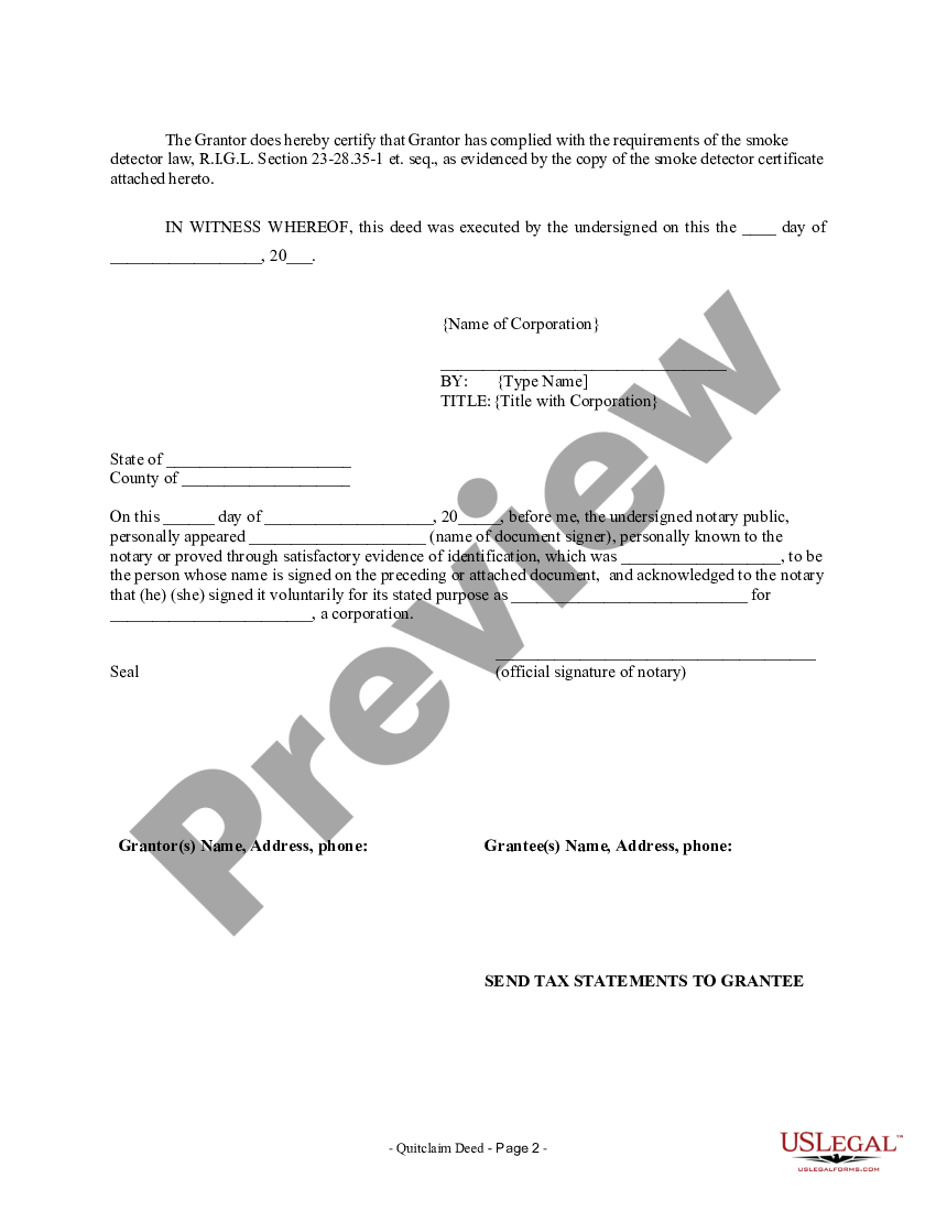 Rhode Island Quitclaim Deed from Corporation to Two Individuals - Rhode ...