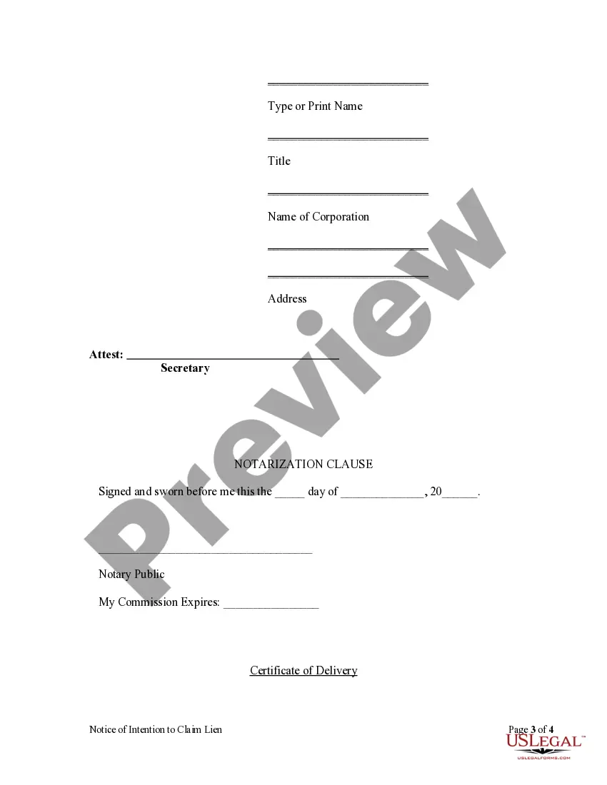 Get Notice of Intention to Do Work or Furnish Materials - Corporation Preview Notice of Intention to Do Work or Furnish Materials - Corporation