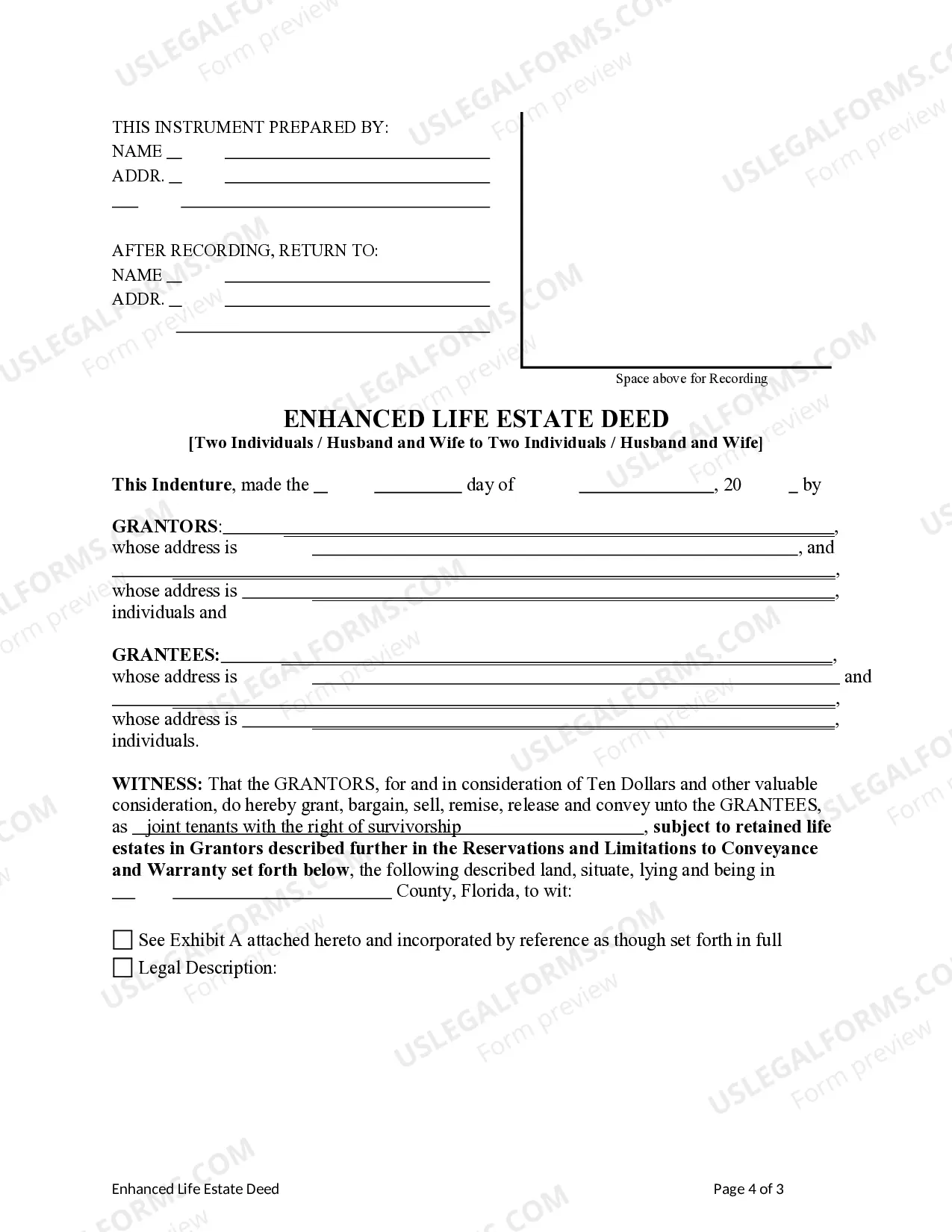 Preview Enhanced Life Estate or Lady Bird Warranty Deed from Two Individuals, or Husband and Wife, to Two Individuals, or Husband and Wife.