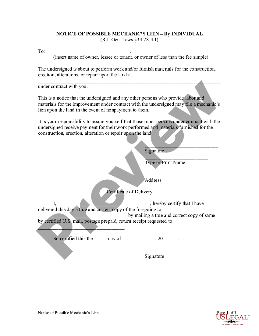 Rhode Island Notice of Possible Mechanic's Lien - Individual - Ri ...