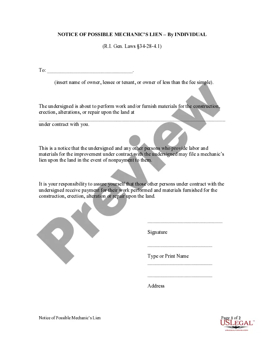 Preview Notice of Possible Mechanic's Lien - Individual