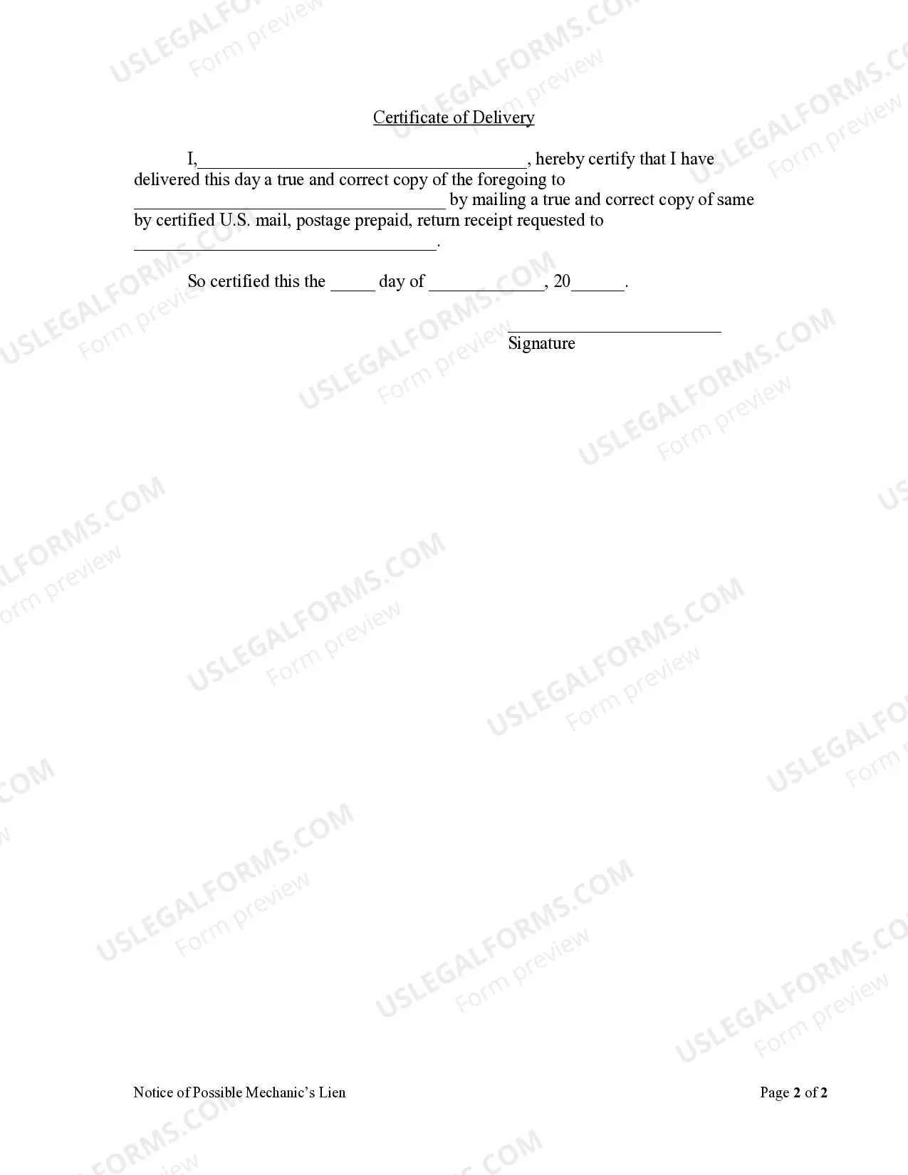 Preview Notice of Possible Mechanic's Lien - Individual