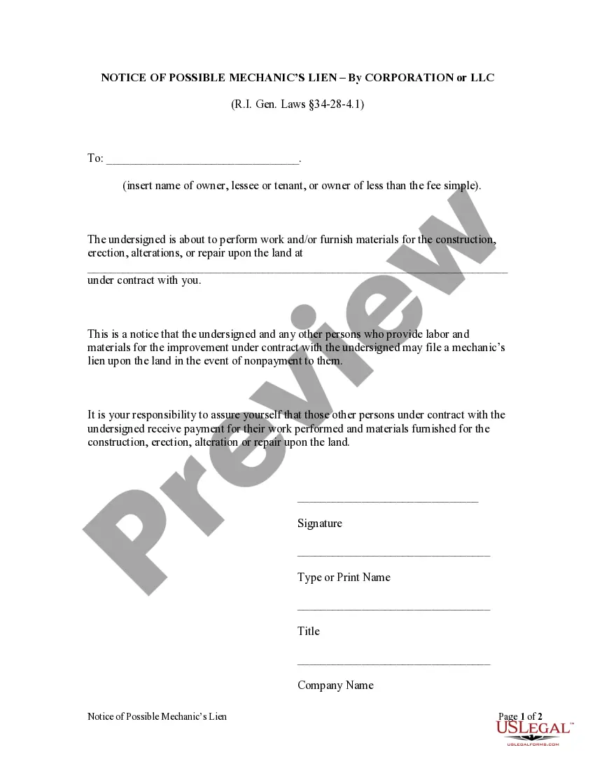 Preview Notice of Possible Mechanic's Lien - Corporation