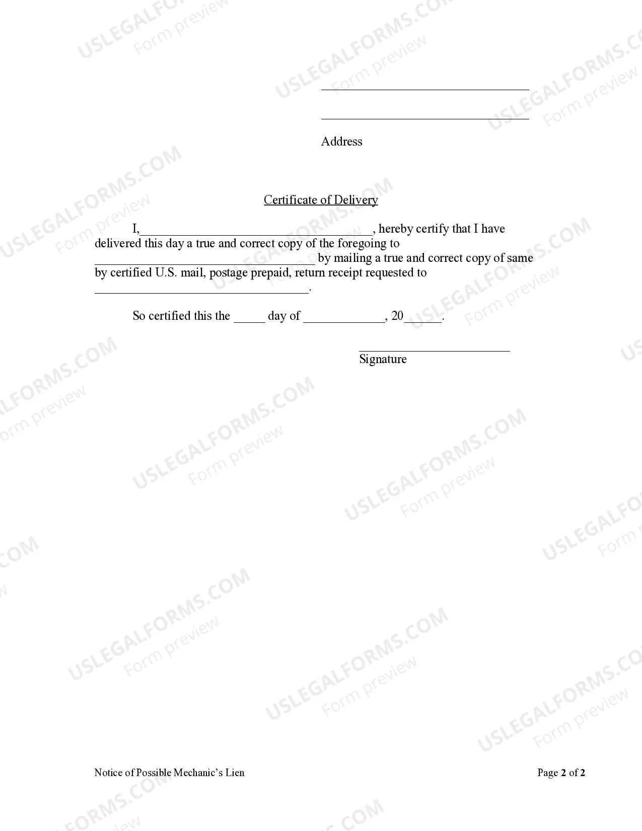 Preview Notice of Possible Mechanic's Lien - Corporation