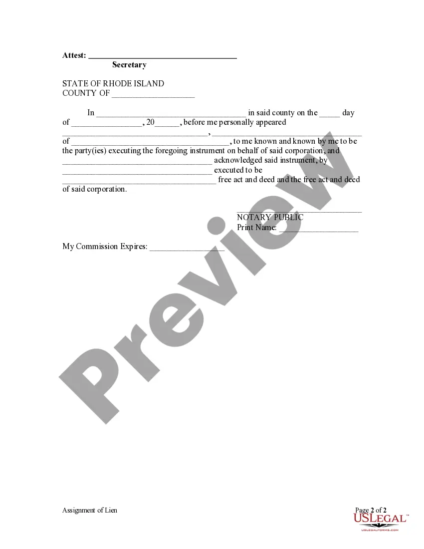 Preview Assignment of Mechanic's Lien - Corporation
