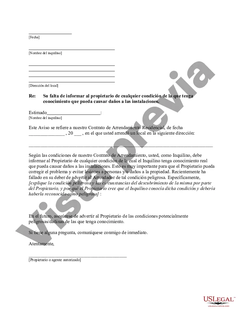 Preview Carta del Propietario al Inquilino como Aviso al inquilino para informar al propietario del conocimiento del inquilino sobre la condición que causa el daño a las instalaciones