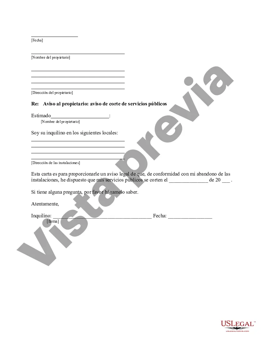 Preview Carta del inquilino al propietario: aviso de corte de servicios públicos al propietario debido a que el inquilino desocupó las instalaciones
