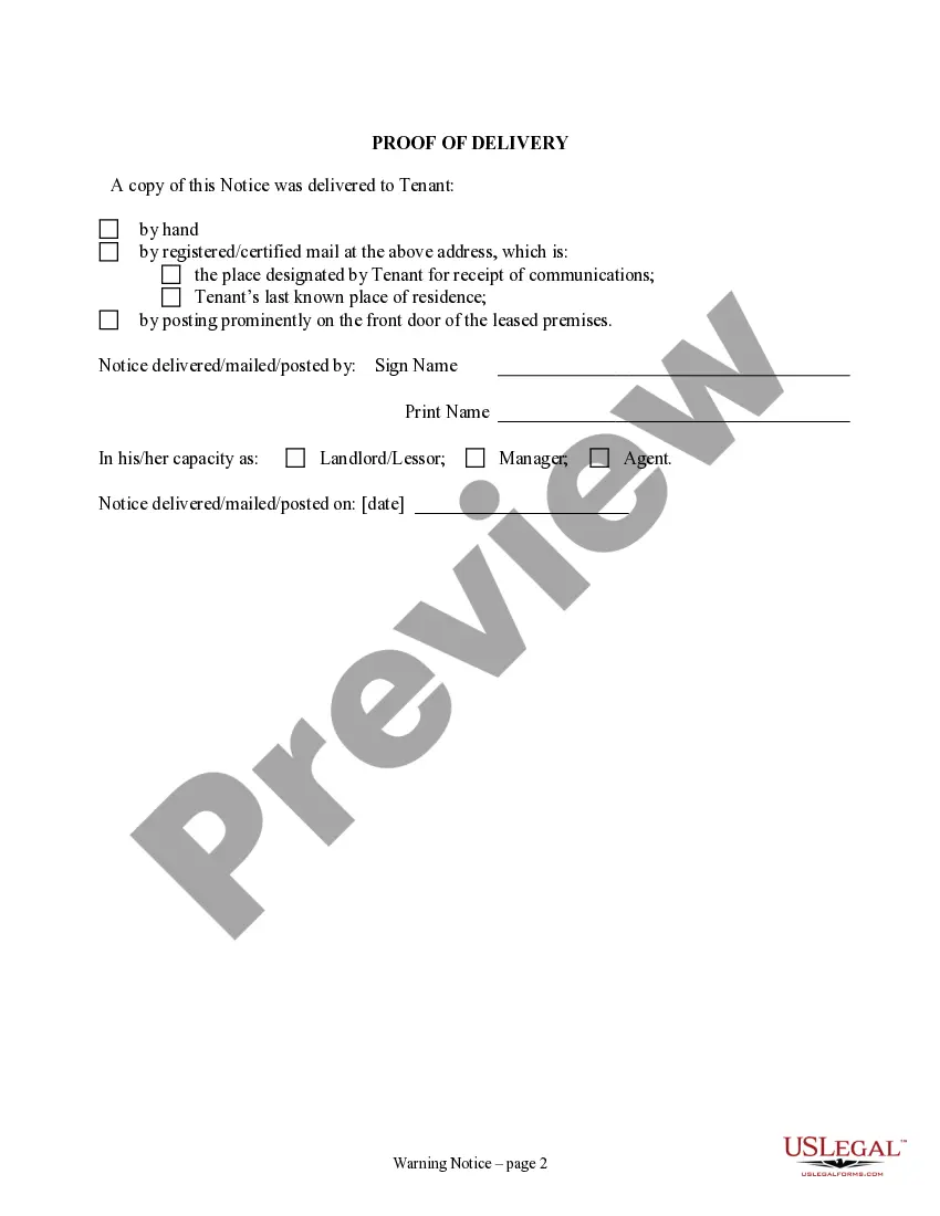 Preview Notice of Default in Payment of Rent as Warning Prior to Demand to Pay or Terminate for Residential Property
