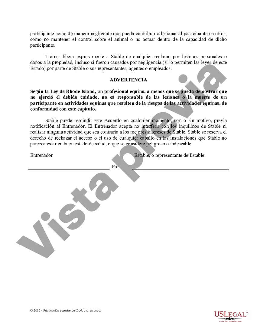 Preview Acuerdo de uso de las instalaciones del entrenador - Formularios equinos de caballos