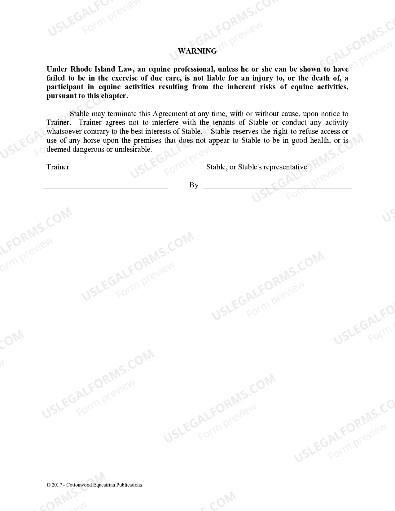 Preview Trainer's Facility Use Agreement - Horse Equine Forms