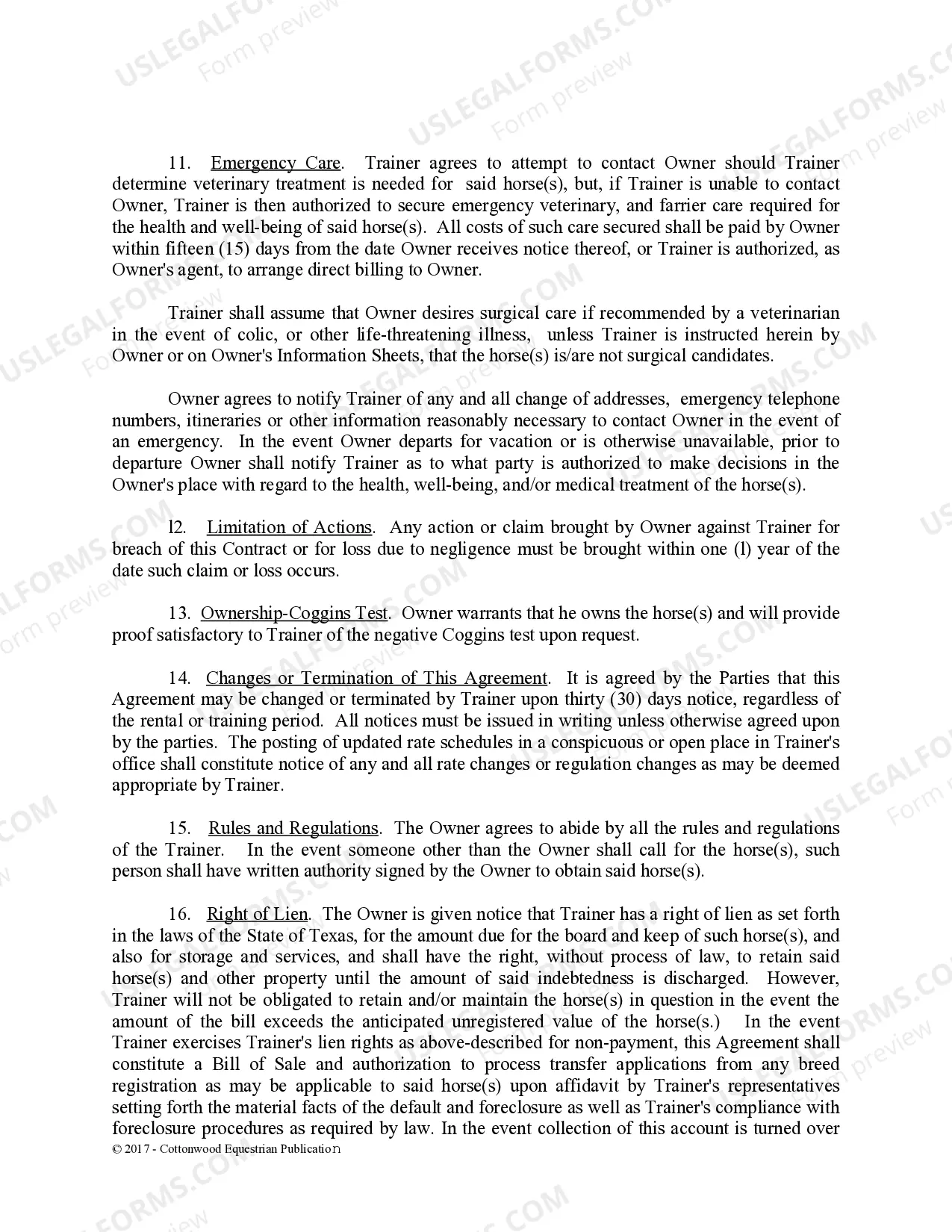 Preview Training Contract - Horse Equine Forms