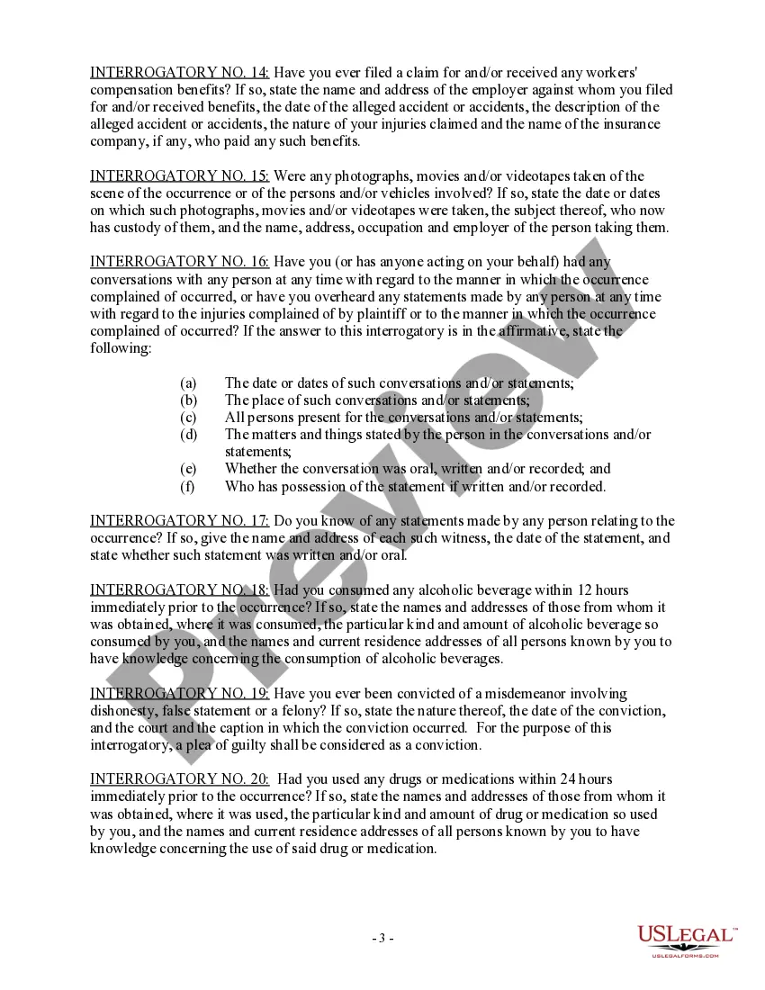 Get Interrogatories to Plaintiff for Motor Vehicle Occurrence Preview Interrogatories to Plaintiff for Motor Vehicle Occurrence