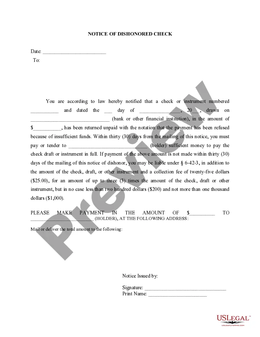 Preview Notice of Dishonored Check - Civil - Keywords: bad check, bounced check