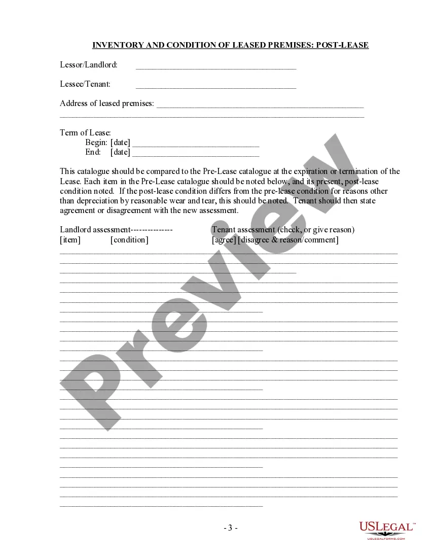 Get Inventory and Condition of Leased Premises for Pre Lease and Post Lease Preview Inventory and Condition of Leased Premises for Pre Lease and Post Lease