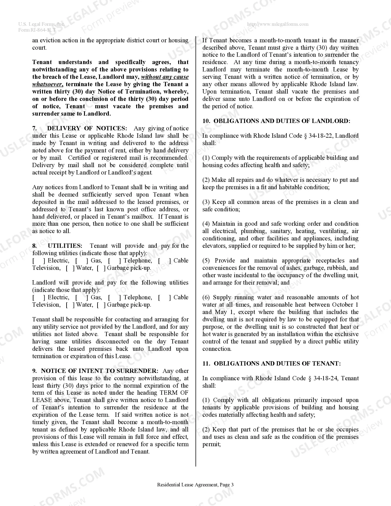 Preview Residential Lease or Rental Agreement for Month to Month
