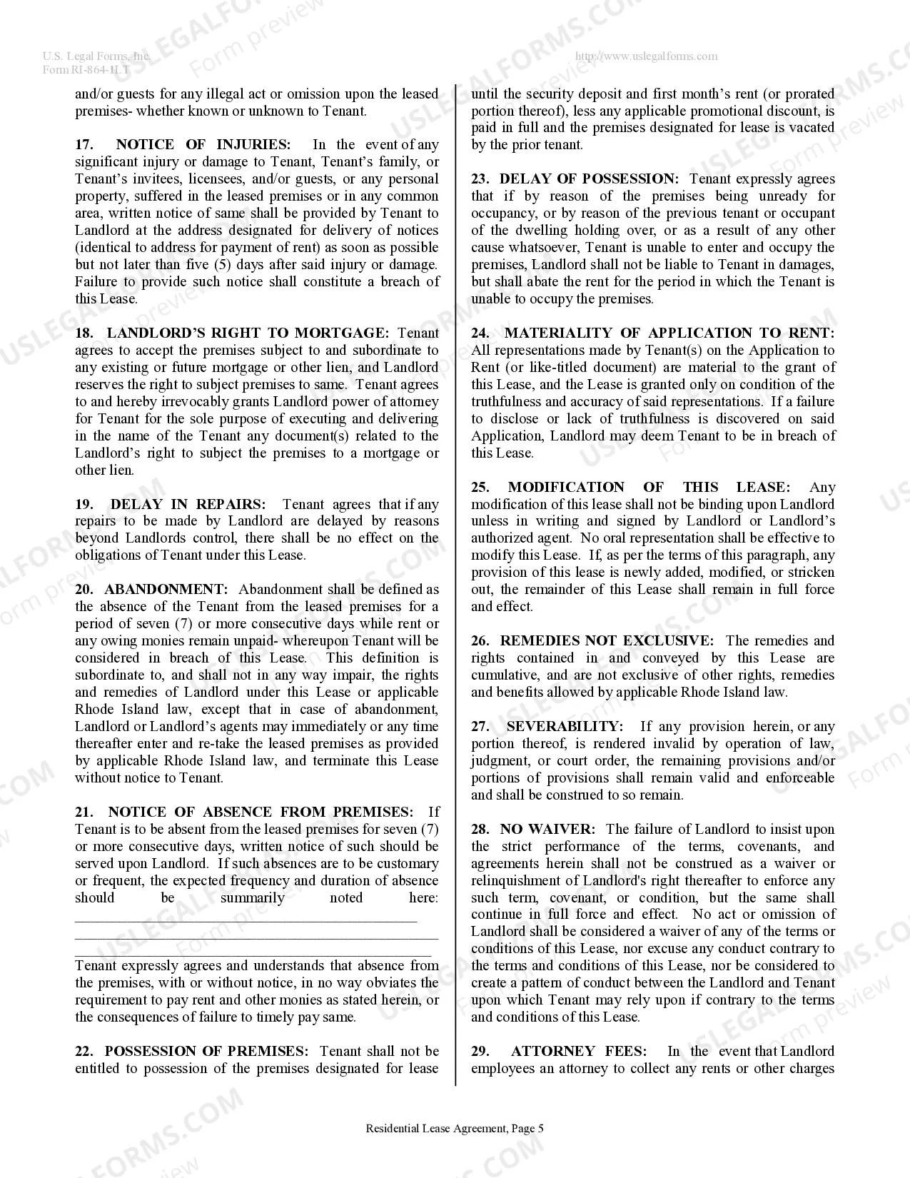 Preview Residential Lease or Rental Agreement for Month to Month