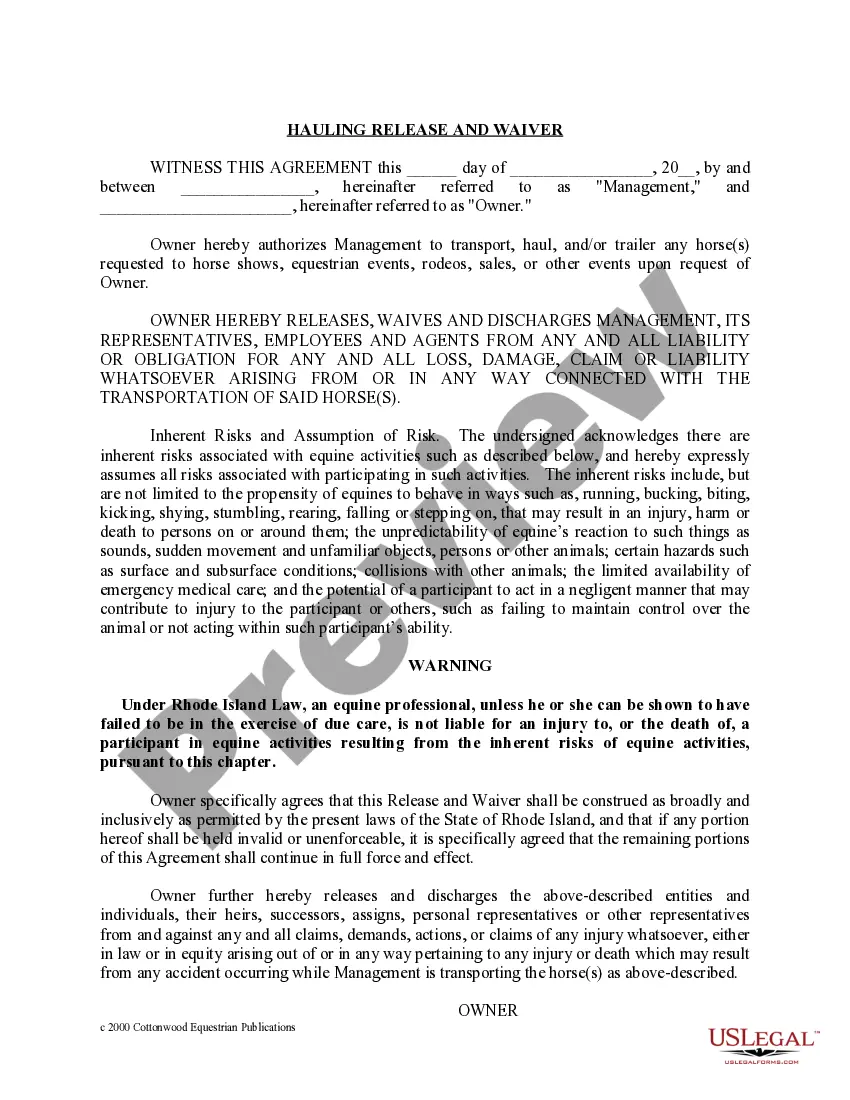 Preview Rhode Island Horse Equine Forms Package