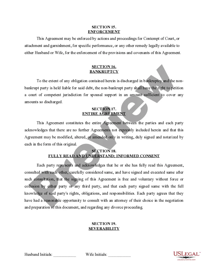 Preview Marital Domestic Separation and Property Settlement Agreement for persons with No Children, No Joint Property or Debts where Divorce Action Filed