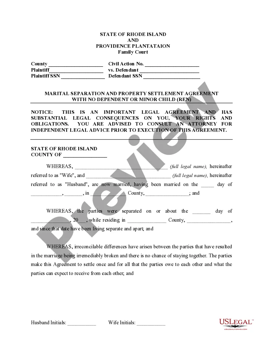 Preview Marital Domestic Separation and Property Settlement Agreement for persons with No Children, No Joint Property or Debts where Divorce Action Filed