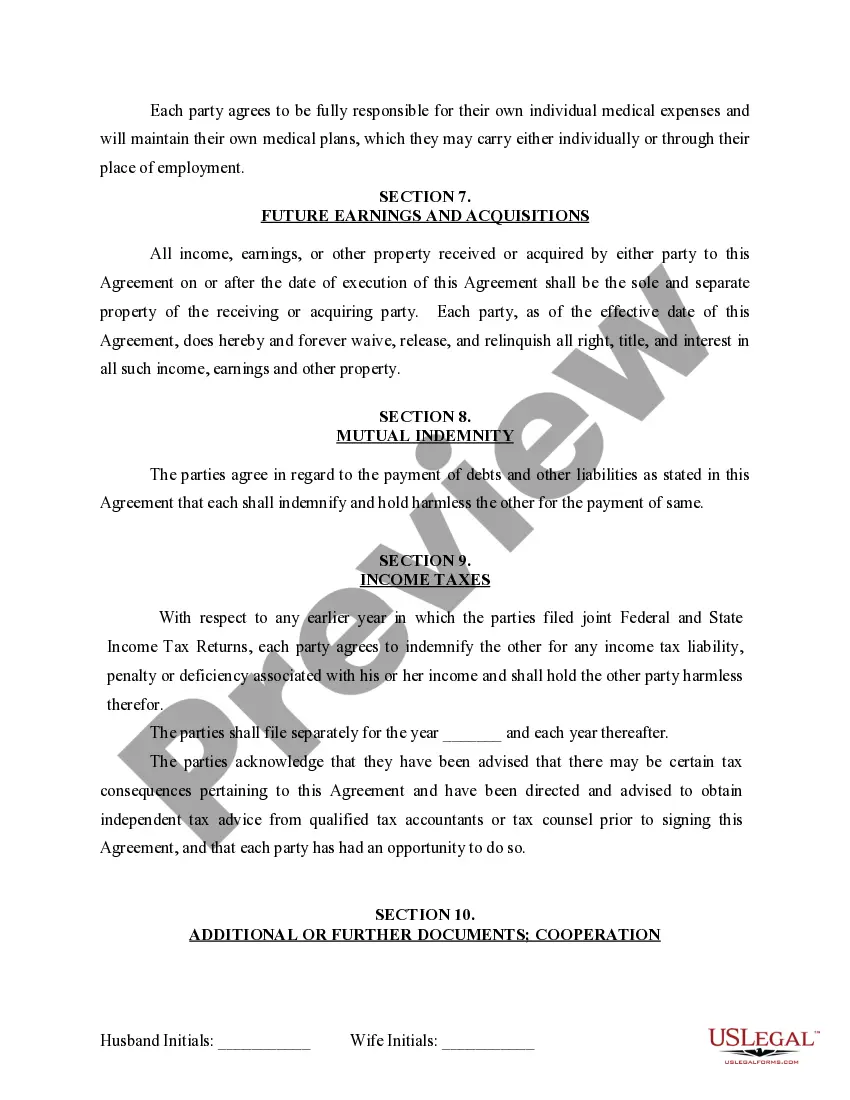 Preview Marital Domestic Separation and Property Settlement Agreement for persons with No Children, No Joint Property or Debts where Divorce Action Filed